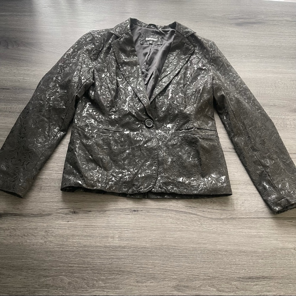 Vintage Dollhouse Black Brocade Vegan Leather Blazer Sz M Gothcore Gothglam Y2K